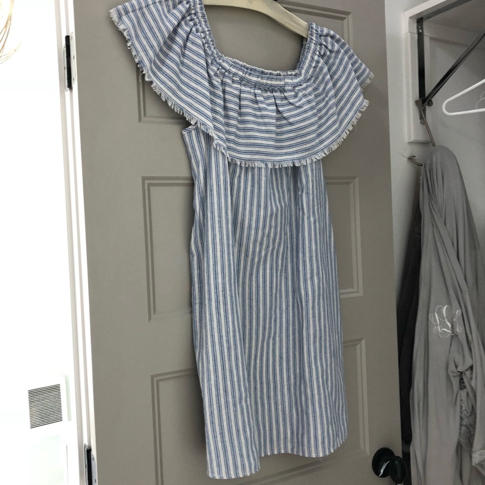 Off the shoulder blue and white stripe dress